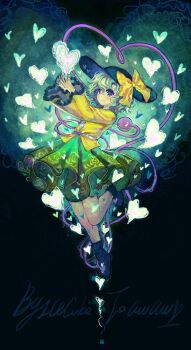 Rule 34 | 1girl, absurdres, arms up, bingkuaihei, black boots, black hat, boots, bow, buttons, closed mouth, diamond button, floral print, full body, green background, green eyes, green hair, green skirt, hashtag-only commentary, hat, hat bow, heart, heart-shaped pupils, heart background, highres, komeiji koishi, long sleeves, outstretched arms, purple pupils, rose print, shirt, short hair, skirt, smile, solo, symbol-shaped pupils, touhou, yellow bow, yellow shirt