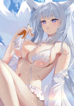 Rule 34 | 1girl, :o, absurdres, animal, animal ears, azur lane, bare shoulders, bikini, breasts, cleavage, commentary request, fox ears, fox girl, fox tail, hatsuki2223, highres, holding, holding animal, kitsune, kyuubi, large breasts, large tail, long hair, looking at viewer, multiple tails, navel, official alternate costume, purple eyes, shinano (azur lane), shinano (dreamy white sands) (azur lane), solo, starfish, swimsuit, tail, untied bikini top, very long hair, white bikini, white hair, white tail