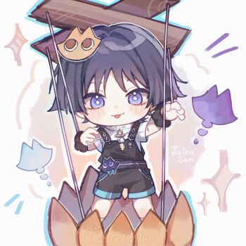 1boy :p artist_name black_overalls blunt_ends blush bright_pupils casual cat_hair_ornament contemporary feathers fur_wrist_cuffs genshin_impact grey_hair hair_ornament hands_up highres jairosan looking_at_viewer male_focus marionette marionette_controller notice_lines official_alternate_costume open_hands overalls pom_pom_(clothes) puppet puppet_strings purple_eyes scaramouche_(genshin_impact) shirt short_sleeves solo standing tongue tongue_out undershirt wanderer_(genshin_impact) watermark white_pupils white_shirt white_sleeves wispy_bangs wrist_cuffs yellow_feathers