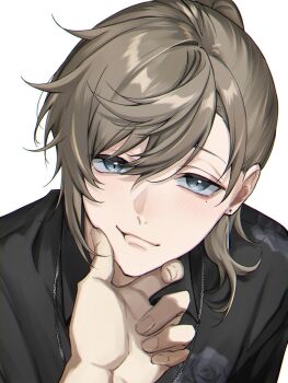 Rule 34 | 1boy, 1other, :t, black shirt, blue eyes, brown hair, closed mouth, commentary request, dattodatt10, earrings, floral print, hair behind ear, hand on another's chin, highres, jewelry, kanae (14th costume) (nijisanji), kanae (nijisanji), looking at viewer, male focus, necklace, nijisanji, parted bangs, parted hair, piercing, ponytail, print shirt, rose print, shirt, simple background, solo focus, stud earrings, swept bangs, virtual youtuber, white background