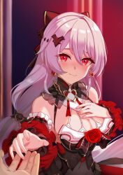 Rule 34 | 1boy, 1girl, absurdres, black bow, black dress, bow, breasts, captain (honkai impact), cleavage, closed mouth, commentary request, dress, earrings, flower, grey hair, hair between eyes, hair bow, hair ornament, hand on own chest, hand up, highres, honkai (series), honkai impact 3rd, jewelry, long hair, medium breasts, out of frame, pov, pov hands, red eyes, red flower, red rose, rose, ryuusan (leuthan698), smile, solo focus, theresa apocalypse, theresa apocalypse (luna kindred), theresa apocalypse (lunar vow: crimson love)