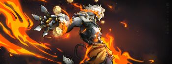 Rule 34 | 1boy, absurdres, artificial eye, banyue (zenless zone zero), claws, clothed robot, clothes around waist, commentary, cowboy shot, dark background, english commentary, fire, floating ball, from side, grey hair, grey tail, highres, humanoid robot, incredibly absurdres, male focus, mechanical eye, mechanical hands, mechanical tail, metal skin, monokuro, orb, outstretched arm, robot, robot boy, solo, tail, zenless zone zero