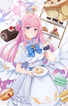 1girl absurdres angel_wings blue_archive blue_bow bow buttons cake capelet crescent cupcake dessert double-breasted dress feathered_wings flower food fork frilled_dress frills fruit gold_trim hair_bun hair_flower hair_ornament halo highres holding holding_fork holding_plate long_hair low_wings macaron mika_(blue_archive) nattsume_(natttsume) open_mouth pink_hair pink_halo plate purple_eyes scrunchie single_hair_bun single_side_bun smile solo strawberry swiss_roll very_long_hair white_capelet white_dress white_overskirt white_wings wing_ornament wings wrist_scrunchie