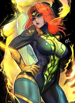 1girl arialla_draws bodysuit breasts gloves green_bodysuit green_eyes highres jean_grey large_breasts long_hair looking_at_viewer marvel marvel_rivals medium_breasts multicolored_bodysuit phoenix_(x-men) red_hair solo superhero_costume two-tone_bodysuit x-men yellow_gloves