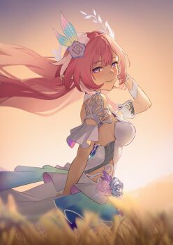 1girl artist_name breasts cyrene_(honkai:_star_rail) cyrene_(ripples_of_past_reverie)_(honkai:_star_rail) diamond-shaped_pupils diamond_(shape) flower from_side hair_flower hair_ornament halo hashtag-only_commentary highres honkai:_star_rail honkai_(series) large_breasts long_hair looking_at_viewer outdoors pink_hair purple_eyes revision solo symbol-shaped_pupils teipeee very_long_hair wheat wheat_field