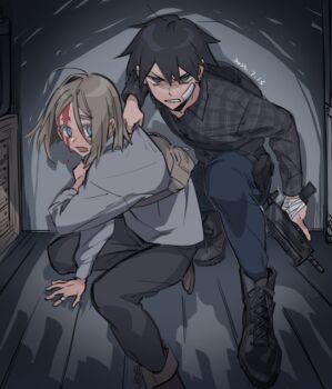 2boys ahoge ainsley_(adey) bag bandages black_boots black_eyes black_pants black_shirt bleeding blonde_hair blood blue_eyes blue_pants bob_cut boots brown_boots checkered_clothes checkered_shirt commentary_request crate grey_shirt grimace gun holding holding_gun holding_weapon mac-10/11 male_focus multiple_boys open_mouth original pants pouch pulling ray_(adey) revision shirt short_hair shoulder_bag submachine_gun ten_(lu2948d) trap weapon wispy_bangs
