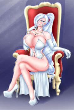 1girl blue_eyes breasts bursting_breasts cleavage cocktail_dress crossed_legs dress elbow_gloves gloves hair_down hair_over_one_eye highres huge_breasts long_hair platform_heels ponytail rwby sitting throne tight_clothes white_dress white_hair winter_schnee xlthuathopec
