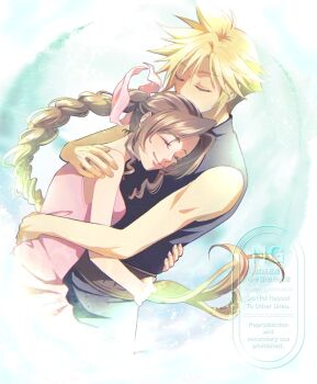 1boy 1girl aerith_gainsborough arm_around_back arm_around_shoulder bare_shoulders belt black_pants black_shirt blonde_hair braid braided_ponytail breasts brown_belt brown_hair closed_eyes closed_mouth cloud_strife couple dress final_fantasy final_fantasy_vii green_background hair_ribbon happy_tears hetero hug jo_ro_ri long_hair medium_breasts pants parted_bangs pink_dress pink_ribbon ribbon shirt short_hair sidelocks single_braid sleeveless sleeveless_dress sleeveless_turtleneck smile spiked_hair tears turtleneck upper_body