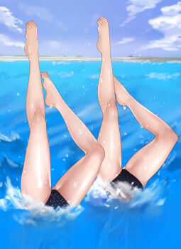 2girls absurdres alternate_costume bare_legs barefoot commentary_request commission dancing feet feet_up fire_emblem fire_emblem:_radiant_dawn hazuki_(nyorosuke) highres inugami-ke_no_ichizoku_pose leg_focus legs legs_up micaiah_(fire_emblem) mixed-language_commentary multiple_girls nintendo ocean one-piece_swimsuit outdoors partially_submerged sanaki_kirsch_altina shore siblings sisters skeb_commission splashing swimming swimsuit synchronized_swimming upside-down water