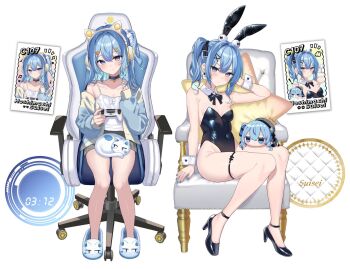 1girl alternate_costume animal_ear_headphones animal_ears black_leotard black_shoes blue_choker blue_eyes blue_hair blue_jacket blue_nails bow bowtie breasts cat cat_ear_headphones cat_ears chair choker cleavage closed_mouth commentary_request controller covered_navel detached_collar double-parted_bangs fake_animal_ears flat_chest full_body game_controller gaming_chair hair_between_eyes hair_ribbon hand_up headphones highleg highleg_leotard highres holding holding_controller holding_game_controller hololive hoshimachi_suisei jacket kohaku_(csacu) leotard long_hair looking_at_viewer medium_hair nail_polish off_shoulder on_chair one_side_up pendant_choker playboy_bunny rabbit_ears ribbon shoes side_ponytail sidelocks simple_background sitting slippers small_breasts smile star_(symbol) star_in_eye star_pendant strapless strapless_leotard strappy_heels swivel_chair symbol_in_eye variations virtual_youtuber white_background white_cat white_wrist_cuffs wrist_cuffs