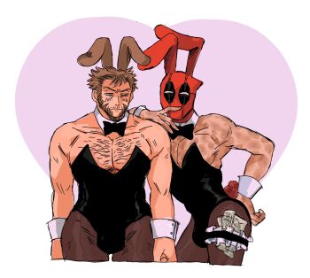2boys alternate_costume animal_ears beard black_leotard blush bow bowtie brown_hair bulge chest_hair closed_mouth commentary_request deadpool deadpool_&amp;_wolverine deadpool_(series) detached_collar facial_hair fake_animal_ears green_eyes heart heart_background highres leotard male_focus male_playboy_bunny marvel marvel money multiple_boys muscular muscular_male pantyhose pectoral_cleavage pectorals rabbit_ears rabbit_tail red_mask scar scars_all_over short_hair standing tail thighs too_many tucked_money wolverine_(x-men) wrist_cuffs x-men yaoi yo_ko_(kkk1211mmm)