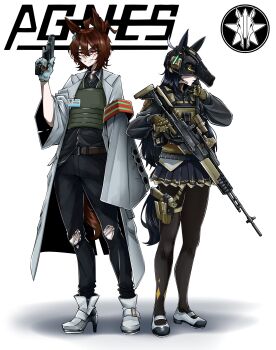 2girls absurdres agnes_tachyon_(umamusume) ahoge animal_ears assault_rifle battle_rifle belt black_coat black_hair black_pants black_pantyhose black_skirt boots brown_hair bulletproof_vest chemical_structure closed_mouth coat collared_shirt commentary docileart ear_tag earrings ears_through_headwear english_commentary glock gloves grin gun hair_between_eyes handgun helmet highres holding holding_gun holding_weapon horse_ears horse_girl horse_tail id_card jewelry lab_coat long_hair long_sleeves m14 makarov_pm manhattan_cafe_(creeping_shadow)_(umamusume) manhattan_cafe_(umamusume) medium_hair mk_14_ebr multicolored_hair multiple_girls necktie pants pantyhose parted_lips red_eyes rifle shirt shoes single_earring skirt sleeves_past_fingers sleeves_past_wrists smile smirk tail teeth torn_clothes torn_pants umamusume vest visor_(armor) weapon white_boots white_hair yellow_eyes