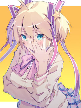 Rule 34 | 1girl, \||/, ahoge, akayama yukihe, aqua eyes, arm under breasts, backlighting, blonde hair, blush, bow, bowtie, breasts, chuunibyou, closed mouth, commentary request, cowboy shot, fingernails, furrowed brow, grey skirt, hair between eyes, hair ornament, hair ribbon, highres, kamikita komari, letterboxed, little busters!, little busters! school uniform, long ribbon, long sleeves, looking at viewer, medium breasts, miniskirt, pink bow, pink bowtie, pink ribbon, plaid clothes, plaid skirt, pleated skirt, ribbon, school uniform, scrunchie, short hair, simple background, skirt, solo, star (symbol), star hair ornament, two side up, v, v over eye, yellow background, yellow scrunchie