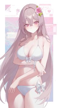 Rule 34 | 1girl, absurdres, barcode, bikini, border, bow, bow bikini, bracelet, breasts, character request, collarbone, commentary, cowboy shot, crossed bangs, dialogue box, english commentary, english text, ff 01, flower, grey hair, hair between eyes, hair flower, hair intakes, hair ornament, hibiscus, highres, huge breasts, jewelry, long hair, outside border, palm tree, purple eyes, solo, standing, sweatdrop, swimsuit, tree, white bikini, white border