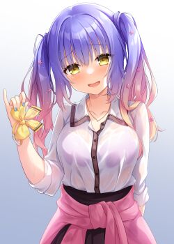 1girl :d absurdres arm_behind_back blue_hair blue_nails blush bow bowtie bra bra_visible_through_clothes breasts brown_skirt cardigan cardigan_around_waist clothes_around_waist collarbone collared_shirt cowboy_shot eyelashes eyes_visible_through_hair gradient_hair grey_background gyaoo_yuzu_soft gyaru hair_between_eyes hair_over_shoulder hand_up head_tilt high-waist_skirt highres holding holding_unworn_clothes jewelry kogal kohibari_kurumi large_breasts long_hair long_sleeves looking_at_viewer mizuka_academy_school_uniform multicolored_hair multicolored_nails nail_polish necklace open_mouth pink_bra pink_hair pink_sweater pinky_out raised_eyebrows school_uniform see-through_clothes see-through_shirt shirt sidelighting simple_background skirt sleeves_rolled_up smile solo standing straight-on sweater tenshi_souzou_re-boot! third-party_source twintails twintails_with_hair_base underwear unworn_bowtie variant_set wavy_hair wet wet_clothes wet_hair wet_shirt white_shirt yellow_bow yellow_bowtie yellow_eyes yellow_nails