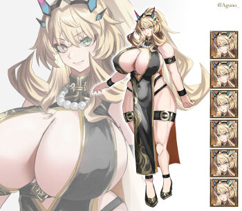 1girl absurdres bare_shoulders barghest_(fate) black_dress blonde_hair blush breasts china_dress chinese_clothes cleavage cleavage_cutout clothing_cutout commentary_request covered_navel dress fate/grand_order fate_(series) film_grain full_body gigantic_breasts gold_trim green_eyes grin heterochromia high_heels high_ponytail highres horns jewelry long_hair looking_at_viewer multiple_views necklace pearl_necklace pelvic_curtain ponytail red_eyes shibao_aoyama smile thick_thighs thigh_strap thighs twitter_username zoom_layer