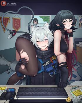1boy 2girls absurdres belle_(zenless_zone_zero) black_hair computer_keyboard dismaiden highres jane_doe_(zenless_zone_zero) mouse_girl multiple_girls pantyhose seth_lowell thighhighs torn_clothes torn_pantyhose torn_thighhighs white_hair zenless_zone_zero zhu_yuan