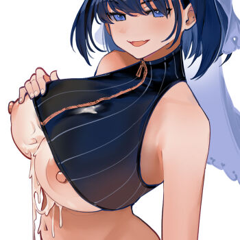 1girl after_paizuri arm_at_side bare_shoulders black_shirt blue_eyes blue_hair breasts clothes_lift commentary crop_top cropped_shirt cum cum_in_clothes cum_on_body cum_on_breasts cum_on_clothes cum_on_upper_body cumdrip dismassd english_commentary fang female_focus from_above from_side half-closed_eyes hand_on_own_chest highres hololive hololive_english large_breasts lifting_own_clothes looking_at_viewer looking_to_the_side naughty_face navel nipples no_bra open_mouth ouro_kronii ouro_kronii_(1st_costume) seductive_smile shirt shirt_lift short_hair simple_background skin_fang sleeveless sleeveless_shirt smile solo striped_clothes striped_shirt upper_body veil vertical_stripes virtual_youtuber white_background zipper