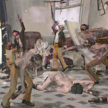 6+boys arm_up bottle brown_hair disco_elysium drinking drunk facial_hair green_jacket gun harry_du_bois highres holding holding_bottle holding_gun holding_weapon indoors jacket male_focus mimulishizi multiple_boys multiple_persona mustache pants short_hair sitting vomit vomiting weapon window yellow_pants