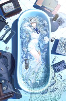 1girl absurdres bathtub black_hairband blue_bow blue_bowtie blue_eyes bow bowtie box choker colored_eyelashes commentary fish fishnets from_above gloves grey_hair hairband hand_on_own_forehead highres in_bathtub in_water long_hair looking_at_viewer looking_up lying magnolia_10111 one_eye_closed original radio seashell see-through_body shell shirt solo starfish television tile_floor tiles transparent_hand transparent_leg unworn_gloves white_choker white_shirt