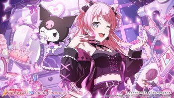1girl ;d bang_dream! bang_dream!_it&#039;s_mygo!!!!! bare_shoulders black_jacket blush breasts chihaya_anon chinese_commentary commentary_request cone_hair_bun earrings fang hair_bun heart heart_earrings highres jacket jewelry kuromi long_hair long_sleeves looking_at_viewer makeup makeup_brush medium_breasts midriff navel official_art one_eye_closed onegai_my_melody open_mouth pincushion pink_hair sanrio smile solo teeth thigh_strap upper_teeth_only