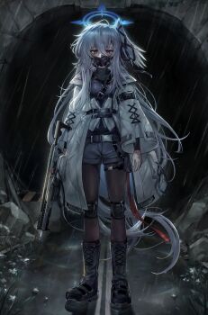 1girl absurdres alternate_costume alternate_universe assault_rifle azalea_(flower) belt belt_around_waist blue_archive blue_halo boots boulder commentary commission dark_persona empty_eyes flower full_body gun hair_between_eyes halo head_wings highres holding holding_gun holding_weapon jacket knee_pads lace-up_boots lace_trim long_hair long_sleeves maaki12 mask messy_hair mouth_mask pantyhose rain red_eyes rifle sad shirt shorts sig_mcx sig_sauer single_head_wing solo suzumi_(blue_archive) tunnel turtleneck turtleneck_shirt very_long_hair weapon wet white_flower white_hair white_jacket wings