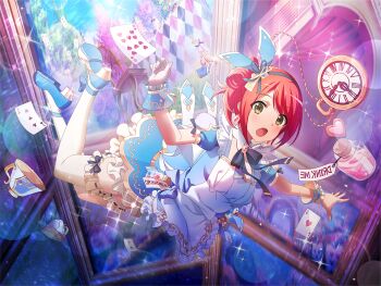 1girl alice's_adventures_in_wonderland alice_(alice_in_wonderland) alice_(alice_in_wonderland)_(cosplay) apron black_bow black_bowtie blue_dress blue_hairband blue_shoes blush bow bowtie card clock cosplay cup dress earrings falling frilled_dress frilled_thighhighs frills game_cg gloves gun hair_bun hairband handgun jar jewelry kano_misora looking_at_viewer mary_janes motion_blur official_art open_mouth outstretched_arms puffy_short_sleeves puffy_sleeves red_hair revolver shoes short_sleeves shoujo_kageki_revue_starlight shoujo_kageki_revue_starlight_-re_live- sidelocks solo teacup thighhighs weapon white_apron white_gloves white_thighhighs yellow_eyes