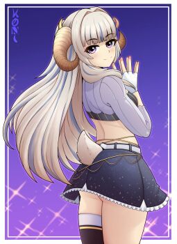 1girl artist_name aurora_atria black_thighhighs blue_hair blue_skirt blue_tube_top breasts closed_mouth curled_horns eyebrows_hidden_by_hair female_focus fingerless_gloves from_behind gloves grey_hair hands_up horns konan_exe lefolk long_hair long_sleeves looking_at_viewer looking_back midriff multicolored_hair own_hands_together purple_background purple_eyes purple_shrug sheep_girl sheep_horns sheep_tail shrug_(clothing) simple_background single_thighhigh skirt small_breasts smile solo standing strapless streaked_hair tail thighhighs tube_top two-tone_hair two-tone_thighhighs virtual_youtuber white_gloves white_thighhighs