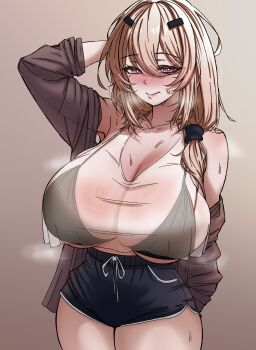 1girl absurdres andoris_(girls'_frontline_2) arm_behind_head bare_shoulders black_bra black_shorts blonde_hair blush bra bra_visible_through_clothes breasts cleavage closed_mouth commentary_request dolphin_shorts girls'_frontline girls'_frontline_2:_exilium hair_over_shoulder highres huge_breasts hwaran. korean_commentary long_hair low-tied_long_hair mole mole_under_eye mole_under_mouth multiple_moles off_shoulder purple_eyes see-through_cleavage see-through_clothes short_shorts shorts smile sweat underboob underwear