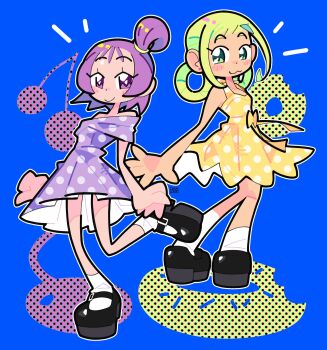 absurdres asuka_momoko black_shoes blonde_hair bourbunbun cherry donut dress ear_piercing food fruit hair_ornament hair_rings hairclip halftone highres magical_girl ojamajo_doremi piercing polka_dot polka_dot_dress purple_dress purple_eyes purple_hair segawa_onpu shoes side_ponytail socks white_socks yellow_dress yellow_eyes