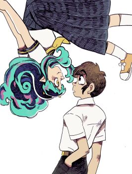 1boy 1girl aqua_hair black_pants black_skirt brown_hair commentary cone_horns hand_in_pocket highres horns kuropin long_hair looking_at_another lum moroboshi_ataru neckerchief pants pointy_ears school_uniform serafuku shirt short_hair sidelocks simple_background skirt socks upside-down urusei_yatsura white_background white_shirt white_socks yellow_neckerchief