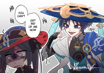 1boy 1girl :p akanbe aqua_eyes armor artist_name belt black_belt black_bodysuit black_bow black_choker black_mouth blue_cape blue_gem blue_hat blue_jingasa blue_kimono blue_sleeves blunt_ends bodysuit bow bridal_gauntlets bright_pupils cape capelet choker choppy_bangs commentary covered_collarbone earrings english_commentary english_text eyelid_pull feathers finger_to_eye fingernails fur-trimmed_capelet fur_trim furisode gem genshin_impact gold gold_earrings gold_ring gold_trim grey_bridal_gauntlets grey_hair hair_between_eyes hand_up hat hat_ornament highres index_finger_raised japanese_armor japanese_clothes jewelry jingasa juban kimono kote kurokote layered_sleeves long_hair looking_at_another mandarin_collar middle_ring mona_(genshin_impact) open_clothes open_kimono open_mouth oriana0w0 outline pom_pom_(clothes) purple_eyes purple_hair purple_sash red_hat sash scaramouche_(genshin_impact) short_sleeves shoulder_peek side_cape sidelocks signature speech_bubble star_(symbol) star_choker star_earrings star_hat_ornament teasing teeth tongue tongue_out tsurime twintails two-tone_hat upper_teeth_only wanderer_(genshin_impact) white_background white_kimono white_outline white_pupils white_sleeves white_trim witch_hat yellow_feathers