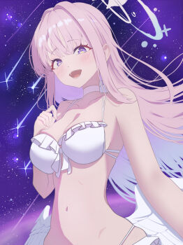 1girl absurdres bare_arms bare_shoulders bikini blue_archive blush breasts collarbone commentary_request frilled_bikini frills halo highres hyeonjingim942 large_breasts long_hair looking_at_viewer mika_(blue_archive) mika_(swimsuit)_(blue_archive) multicolored_eyes navel night official_alternate_costume official_alternate_hairstyle open_mouth outdoors pink_hair pink_halo purple_eyes shooting_star smile solo stomach swimsuit two-tone_eyes upper_body very_long_hair white_bikini yellow_eyes