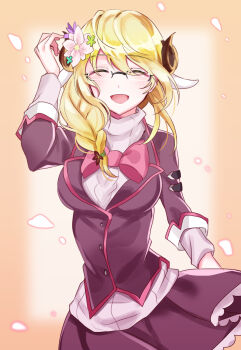 arpiel blonde_hair braid cecil_(arpiel) glasses hamericano highres horns non-web_source open_mouth ribbon sheep_horns single_braid