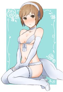 1girl absurdres ass blush breasts brown_eyes brown_hair cleavage collar garter_belt gloves godzilla:_city_on_the_edge_of_battle godzilla:_planet_of_the_monsters godzilla_(series) headband highres lingerie looking_at_viewer nomu_(artist) polygon_pictures revealing_clothes short_hair sideboob simple_background small_breasts tani_yuko thighhighs toho underwear