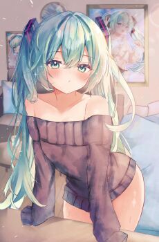 1girl aqua_eyes aqua_hair bare_shoulders blush breasts chabudai closed_mouth collarbone commentary_request crossed_bangs cushion dot_nose eyelashes hair_between_eyes hair_ornament hatsune_miku highres indoors leaning_forward leaning_on_table long_hair long_sleeves looking_at_viewer natukisigure no_pants off-shoulder_sweater off_shoulder painting_(object) picture_frame pout shiny_skin sidelocks sleeves_past_fingers sleeves_past_wrists small_breasts solo sweat sweater table tea thighs twintails very_long_hair vocaloid wooden_floor