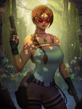 1girl absurdres backpack bag belt black_gloves blue_leotard braid breasts brown_eyes brown_hair brown_shorts cleavage commentary_request dappled_sunlight dual_wielding fingerless_gloves gloves gun hair_over_shoulder handgun highres holding holster jade_(gemstone) jewelry jungle lara_croft large_breasts leotard leotard_under_clothes long_hair looking_at_viewer nature pendant red-tinted_eyewear red_lips round_eyewear shorts single_braid solo sunglasses sunlight thigh_holster thigh_strap tinted_eyewear tomb_raider toned toned_female trigger_discipline weapon xuuikie_ashe