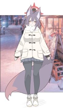 1girl absurdres alternate_costume amebrew animal_ear_fluff animal_ears black_hair black_pantyhose black_skirt blue_archive breasts coat colored_inner_hair fox_ears fox_girl fox_tail full_body halo highres large_breasts long_sleeves looking_at_viewer miniskirt multicolored_hair official_alternate_hairstyle pantyhose pleated_skirt red_hair red_halo shoes short_hair skirt smile solo standing tail wakamo_(blue_archive) white_coat white_shoes yellow_eyes