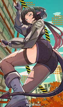 1girl absurdres animal_ears ass black_gloves black_hair black_pantyhose black_shirt black_shorts black_thighhighs climbing climbing_ladder commentary english_commentary fingerless_gloves gloves gradient_hair green_eyes green_jacket grin highres jacket jane_doe_(zenless_zone_zero) long_hair looking_at_viewer mouse_ears mouse_girl mouse_tail multicolored_hair nocta_felis on_ladder outdoors pantyhose pink_hair shirt shorts sidelocks single_leg_pantyhose single_thighhigh smile solo tail teeth thighhighs torn_clothes torn_pantyhose torn_thighhighs white_footwear zenless_zone_zero