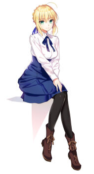 1girl ahoge artoria_pendragon_(fate) black_pantyhose blonde_hair blouse blue_ribbon blue_skirt braid breasts brown_shoes commentary_request fate/stay_night fate_(series) female_focus green_eyes hair_ribbon highres long_sleeves looking_at_viewer medium_breasts pantyhose ribbon saber_(fate) shirt shoes short_hair sitting skirt smile solo white_shirt youta