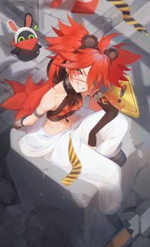 1girl absurdres ahoge animal_ears bare_shoulders bear_ears black_gloves breasts crop_top eyepatch fake_animal_ears fingerless_gloves gloves hair_between_eyes hair_ornament highres holding koleda_belobog long_hair looking_at_viewer midriff navel original pants red_eyes red_hair solo sphere_hair_ornament twintails vanisheddk zenless_zone_zero