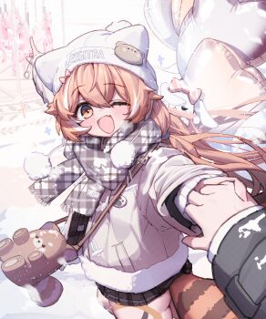 1boy 1girl ;d absurdres animal_hat ass black_skirt blush cat_hat coat commentary cowboy_shot crossed_bangs double-parted_bangs english_commentary fang fur-trimmed_coat fur_trim grey_scarf hair_between_eyes hat highres holding_hands long_sleeves looking_at_viewer microskirt one_eye_closed open_mouth original patanda plaid_clothes plaid_scarf pleated_skirt pointing pov pov_hands raccoon_girl raccoon_tail scarf skin_fang skirt smile snow tail white_coat white_hat yellow_eyes