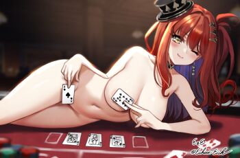 1girl absurdres areola_slip artist_name bare_shoulders black_choker blush breasts card choker closed_mouth commission covering_breasts covering_privates daiya_fortuna earrings eckert&amp;eich floating_earrings hat heart heart-shaped_pupils highres holding holding_card jack_(playing_card) jewelry king_(playing_card) large_breasts long_hair looking_at_viewer lying mini_hat mini_top_hat navel nude on_side on_table one_eye_closed pixellink playing_card poker_table queen_(playing_card) queen_of_spades_(playing_card) red_hair royal_flush second-party_source smile solo stomach symbol-shaped_pupils table tilted_headwear top_hat twitter_username virtual_youtuber yellow_eyes