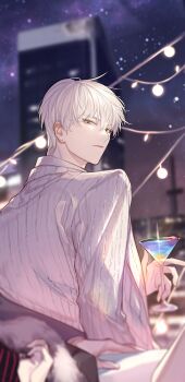 1boy alcohol blurry building cherry chinese_commentary closed_mouth cocktail_glass cup depth_of_field drinking_glass food from_behind fruit hair_between_eyes highres holding holding_cup light_and_night_love long_sleeves looking_at_viewer looking_back male_focus night pinstripe_pattern pinstripe_shirt qi_sili qinnye shirt short_hair sky skyscraper solo star_(sky) starry_sky string_of_light_bulbs upper_body white_hair white_shirt yellow_eyes