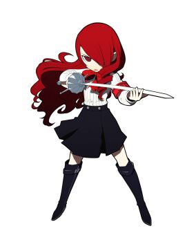 Rule 34 | 1girl, absurdres, armband, black boots, black skirt, boots, drill hair, fighting stance, full body, gekkoukan high school uniform, hair over one eye, highres, holding, holding sword, holding weapon, kirijou mitsuru, long hair, long sleeves, neck ribbon, official art, open mouth, oribe hanako, persona, persona 3, persona q: shadow of the labyrinth, persona q (series), rapier, red armband, red eyes, red hair, red ribbon, ribbon, s.e.e.s, school uniform, second-party source, shirt, simple background, skirt, solo, sword, weapon, white background, white shirt