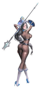 1girl absurdres arm_shield ass black_hair blue_flower blue_rose bodystocking boots braid braided_ponytail breasts crossed_legs flower goddess_of_victory:_nikke hat hat_flower high_heel_boots high_heels highres holding holding_staff large_breasts long_hair looking_at_viewer maiden_(ice_rose)_(nikke) maiden_(nikke) parted_lips red_eyes rose simple_background skin_tight solo staff standing stiletto_boots stiletto_heels torn_bodystocking torn_clothes very_long_hair watson_cross white_background yangmie_mieyi
