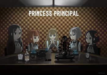 Rule 34 | 5girls, ange (princess principal), beatrice (princess principal), black hair, black ribbon, blonde hair, blue eyes, brother tomita, brown eyes, brown hair, cavorite ball, copyright name, cup, dorothy (princess principal), drinking glass, flower, grey hair, hair between eyes, hair flower, hair ornament, multiple girls, parody, phone, princess (princess principal), princess principal, ribbon, saucer, shot glass, sweatdrop, teacup, tinker tailor soldier spy, toudou chise
