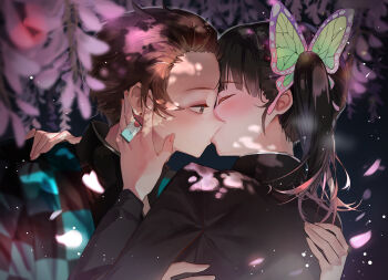 1boy 1girl absurdres black_hair brown_hair butterfly_hair_ornament demon_slayer_uniform earrings from_side hair_ornament haori hetero highres japanese_clothes jewelry kamado_tanjirou kian kimetsu_no_yaiba kiss long_hair long_sleeves looking_at_another profile short_hair side_ponytail tsuyuri_kanao