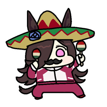 1girl animal_ears brown_hair chibi dancing facial_hair full_body hat holding holding_instrument holding_maracas horse_girl instrument jazz_jack long_hair lowres maracas mustache red_tracksuit rice_shower_(umamusume) sombrero standing track_suit umamusume