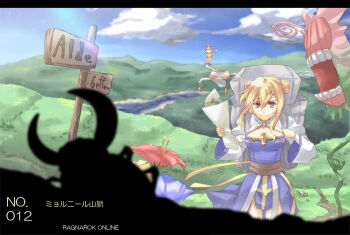 1girl arch_bishop_(ragnarok_online) backpack bag bee blonde_hair blue_dress blue_flower brown_sash bug choukichi cleavage_cutout closed_mouth clothing_cutout cloud commentary_request copyright_name cowboy_shot crown double_bun dress extra_mouth flora_(ragnarok_online) flower hair_between_eyes hair_bun hiking hill holding holding_map horn_(ragnarok_online) in-universe_location insect juliet_sleeves letterboxed long_sleeves looking_at_another looking_to_the_side map mistress_(ragnarok_online) monster path pink_eyes puffy_sleeves ragnarok_online red_flower river road scenery short_hair sidelocks sign silhouette sky smile standing sweat translated white_dress wide_sleeves yellow_flower